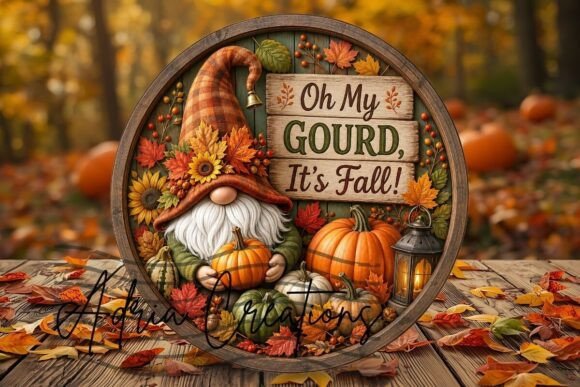 Download Gnome Fall Round Sign, Autumn Wreath Png - Png Collection